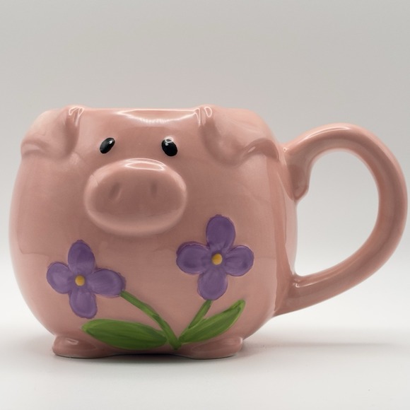 Pier 1 Other - Pier 1 Pink Pig Mug Embossed Floral 3D Dolomite Coffee Cup 3.5" Hand Painted